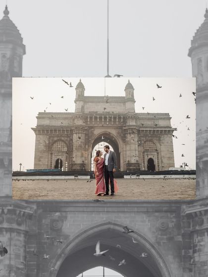 A creative edit placing a portrait of the couple at the Gateway of India within a silhouette of the monument itself, with pigeons flying around.