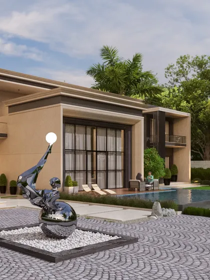 A render of a contemporary residence with neoclassical influences. The design features a dynamic interplay of volumes that push and pull, creating a rhythmic balance between solid and void, all grounded in a modern material palette.