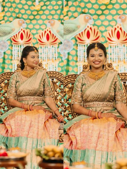 A collage of a bride's portraits from her engagement, capturing her elegant poses in a traditional half-saree.