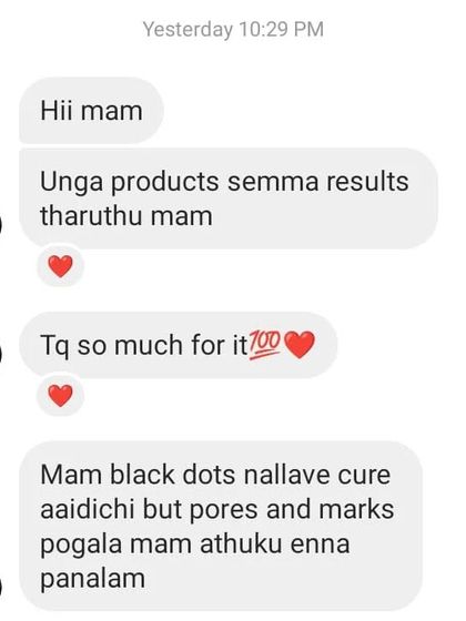 "Semma results," this customer says, with black dots cured. Now we will work on the pores and marks. Skincare is a journey, and I am here to guide you.