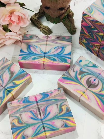 A large 5kg batch of soap made with the hanger swirl technique, a tutorial designed for those looking to scale up production.