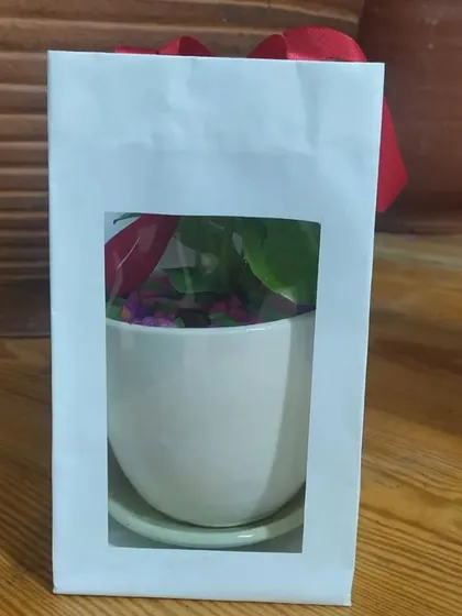 Another view of our packaged wedding return gifts, featuring a red ribbon handle that can be customized to match event colors.