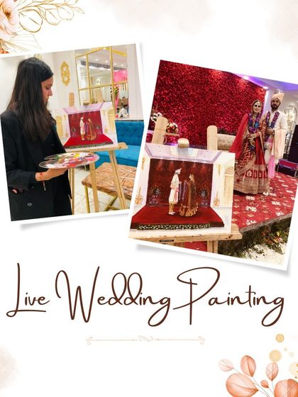 A collage showing me at work and the final painting displayed next to the couple on their big day. This is what live wedding painting is all about!