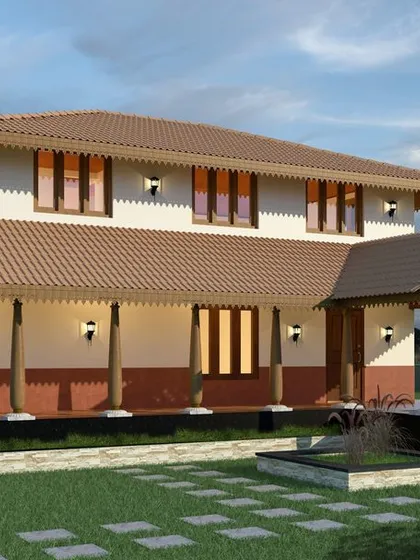 I design farmhouses that blend traditional aesthetics with modern comforts. This proposed design features a classic sloping tiled roof, a wraparound veranda with wooden pillars, and a layout that connects deeply with the surrounding landscape.