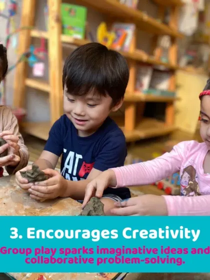 Three children work together on their clay models. Collaborative projects like this spark imaginative ideas and teach kids how to share and create as a team.