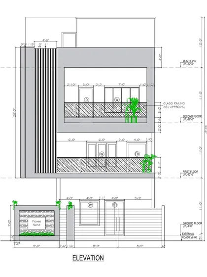 A detailed 2D elevation drawing for a residential project. This technical plan outlines material specifications, dimensions, and structural details, demonstrating the precision that goes into our architectural planning phase before construction begins.