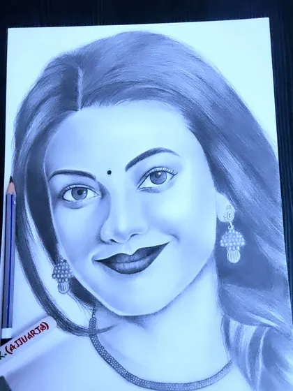 A different take on the Kajal Aggarwal portrait, with cooler lighting that gives the sketch a soft, classic feel.