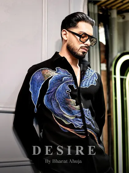 Another view of the abstract wave shirt, highlighting its unique design and the quiet confidence it projects.