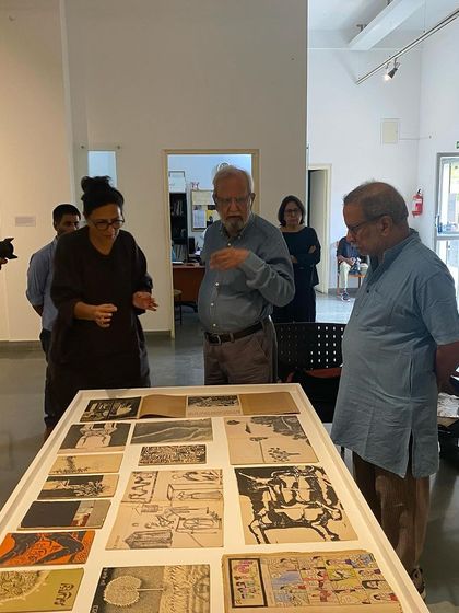 Gulammohammed Sheikh and Nilima Sheikh arriving at the gallery to oversee the final installation of 'Hand Prints'.