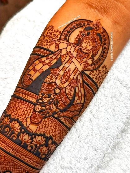 A detailed portrait of Lord Krishna playing the flute, a beautiful and serene motif for any occasion.