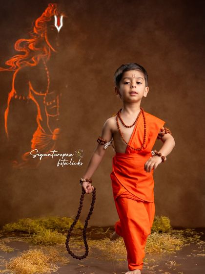 The spirit of Lord Rama captured in a dynamic pose. Our themed shoots are designed to be empowering and fun for children.
