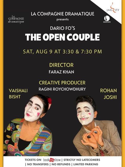 The poster for "The Open Couple," a comedic play by Dario Fo featuring mime and physical comedy.