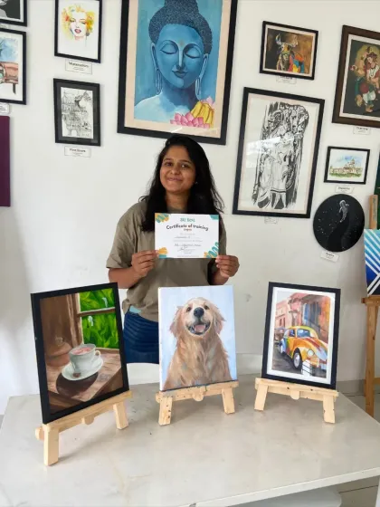 From a realistic dog portrait to a cozy coffee scene, this student's final pieces from her painting course are simply stunning.