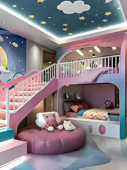This vibrant, fairy-tale-themed bunk bed is perfect for a princess's room. The design features a playful staircase, a cozy lower bunk, and a magical color palette with a rainbow and starry sky ceiling.