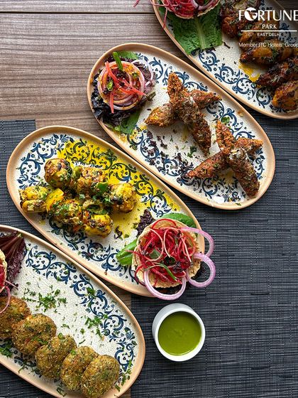 A beautiful platter of assorted kebabs and appetizers served at Zodiac. We use ornate, traditional plates to enhance the presentation of our Indian cuisine.