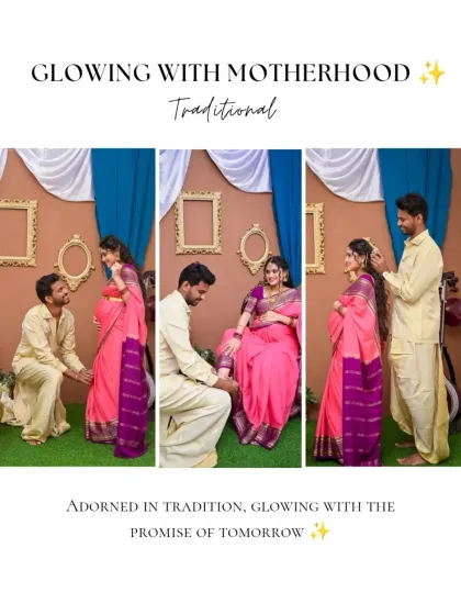 This graphic beautifully captures the essence of our traditional maternity sessions. It highlights the tender moments between a couple as they celebrate their journey, adorned in classic Indian attire.