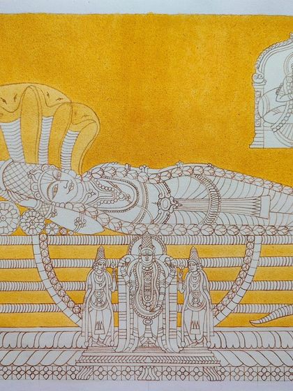 The Lord Ranganathar painting after the first wash of yellow. This gives the entire canvas a warm, auspicious glow and prepares it for the subsequent layers of color.