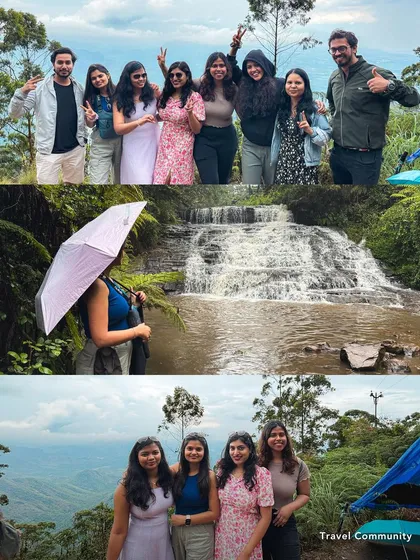 A collage of happy moments from a South India getaway. It shows groups posing at waterfalls and viewpoints, capturing the essence of a fun-filled community trip.