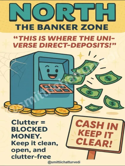 The North is the 'Banker Zone' where the universe makes its direct deposits. Clutter here equals blocked money and opportunities. I always advise keeping this area clean, open, and clear to ensure a smooth inflow of finances.