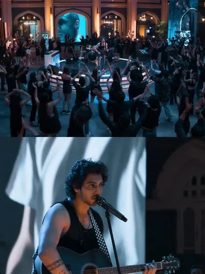 A collage from the 'Saiyaara' 'DHUN' music video, showing the dynamic energy of the crowd scene and a close-up of the artist, all shaped by our lighting.