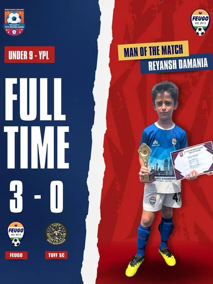 Celebrating our U-9 team's first victory of the YPL season, a 3-0 win where Reyansh Damania was named Man of the Match.