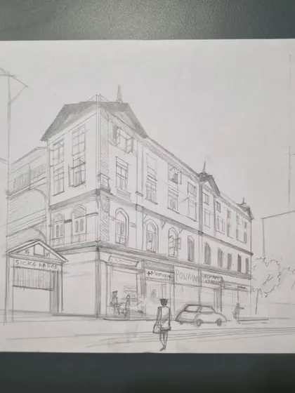 The initial line drawing for the Sicka Nagar architectural sketch.