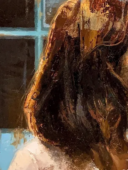 A detail from "Liberation," focusing on the texture of the hair and the light catching the side of the face.