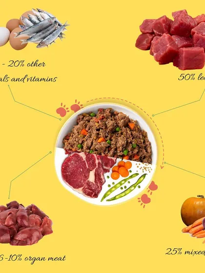 I believe you should know exactly what's in your dog's bowl. Every meal is balanced with 50% lean meat, 25% mixed veggies, 6-10% nutrient-rich organ meat, and essential minerals and vitamins from ingredients like eggs and fish.