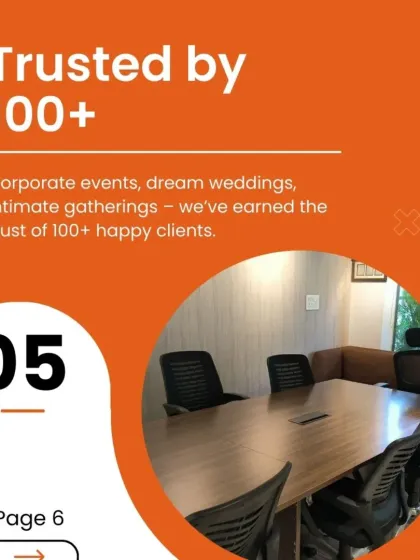 Trusted by over 100 happy clients for corporate events, dream weddings, and intimate gatherings. This image shows a professional meeting room, representing our reliability in the corporate sector.