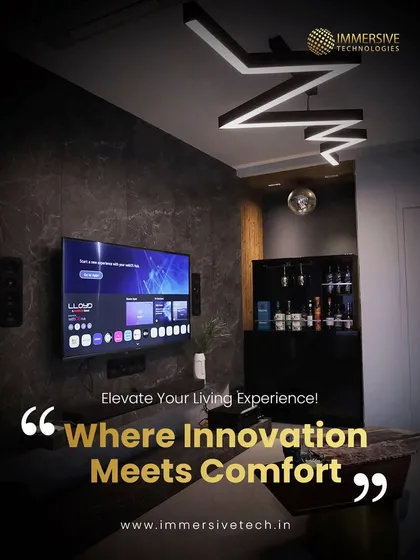 This living space, complete with a mini-bar and advanced entertainment system, shows how we elevate the living experience by merging innovative technology with comfort and style.