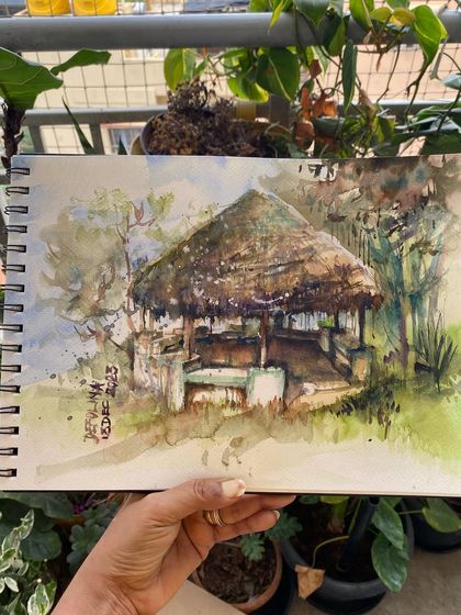 A quick watercolor sketch of a rustic hut, done in my sketchbook. These little paintings are my moments of calm and satisfaction before the hustle of the day begins.