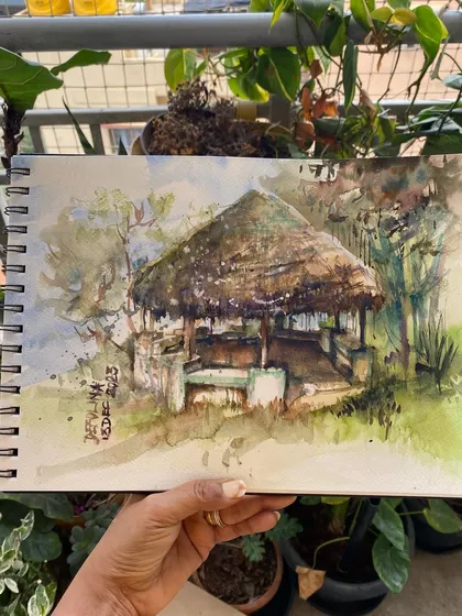 A quick sketch of a rustic hut, done in my sketchbook to find some calm before the storm of the India Art Festival.
