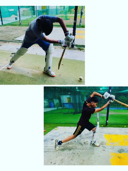 Before and after. This image shows the visible improvement in a player's batting form, a result of dedicated practice and expert coaching on technique.