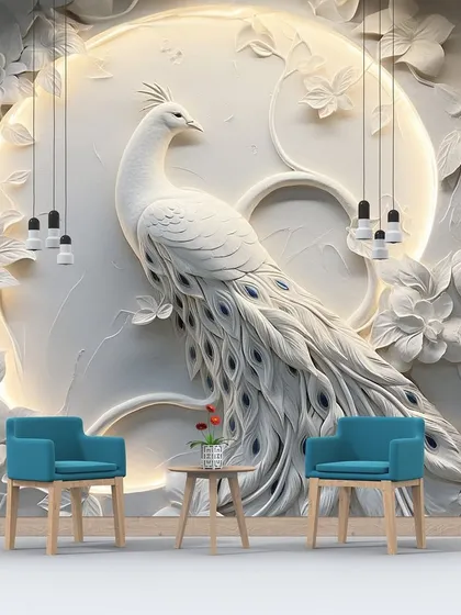 A beautiful 3D embossed wallpaper of a white peacock, with backlighting to accentuate its graceful form.