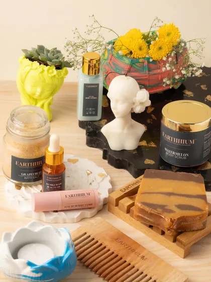 Here’s a little look at the world of Earthhium. I handcraft everything from Kumkumadi facial oil and bath salts to artisan soaps and sculptural candles, all using plant-based, eco-friendly ingredients.