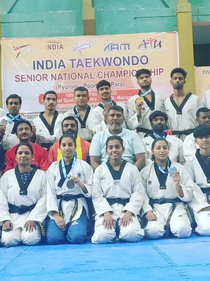 Team Karnataka at the Senior Taekwondo National Championship in Nashik. Our academy was well represented, contributing to the team's total of 5 gold, 6 silver, and 5 bronze medals.