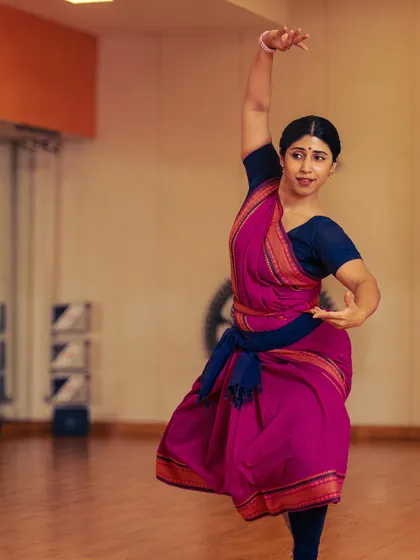 A moment of stillness from a piece based on Rabindranath Tagore's poem, 'Momo Chitte'. My work often involves deep dives into literature, interpreting the nuances of poetry through the expressive vocabulary of Bharatanatyam. This is a practice of translating words into movement.