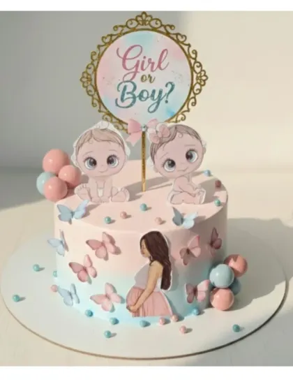 A sweet gender reveal cake with a "Girl or Boy?" theme. This homemade, eggless chocolate cake is filled with roasted almonds and covered in fresh whipping cream.