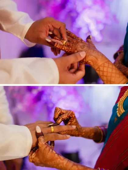 The moment it becomes official. This two-part image captures the ring exchange, a pivotal and emotional part of any engagement ceremony.