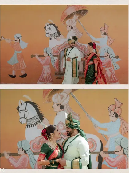 A creative diptych featuring the couple posed against a traditional Marathi mural. The composition blends the real-life couple with the painted figures, creating a unique, story-driven pre-wedding photograph.