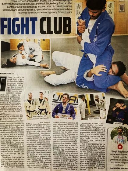 A newspaper feature on the rise of Brazilian Jiu-Jitsu in Bangalore, featuring our gym, The Dojo, and a picture of me executing a technique. It's great to see the sport I love getting mainstream recognition.