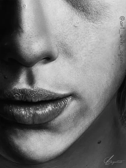 A close-up of the mouth and nose from my portrait of Lucy. You can see the fine pores and textures on the skin, which are essential for a hyper-realistic effect.