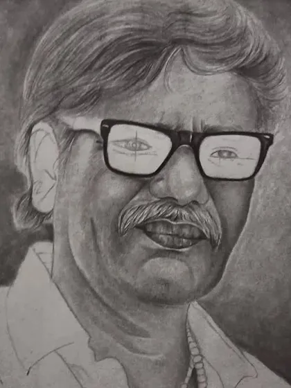 The portrait in progress. The face is partially shaded, showing how I build layers to create depth, while the reflection in the glasses is just beginning to take shape.