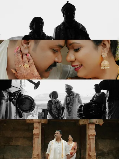 A cinematic collage with a mix of silhouettes, close-ups, and black and white shots. This artistic edit creates a moody, dramatic, and emotional summary of their traditional photoshoot.