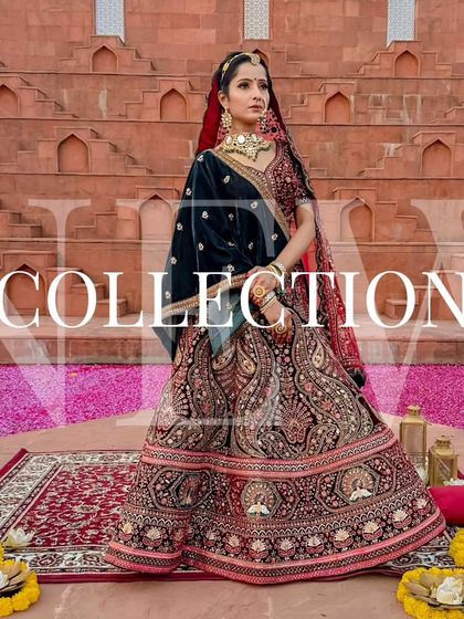 A powerful shot of the bridal lehenga with "NEW COLLECTION" text, perfect for announcing fresh arrivals in my pre-loved collection.