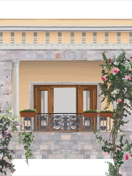 Unveiling the artistic tapestry of our architectural vision. This painted sketch captures the front balcony in all its glory, detailing the iron railings, stone elements, and intricate cornices.
