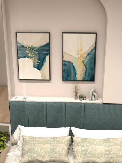 A close-up of the bed area from the 3D render, showing the upholstered headboard and abstract art pieces that complete the modern look.