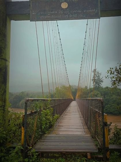 The hanging bridge we cross near the start of the Netravati trek. It's an adventure right from the beginning, especially with the misty monsoon weather.