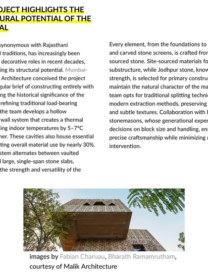 A feature in Designboom on the House of Solid Stone, highlighting its structural use of sandstone. The project revives traditional load-bearing techniques, creating a thermal break with hollow walls that naturally reduces indoor temperatures.