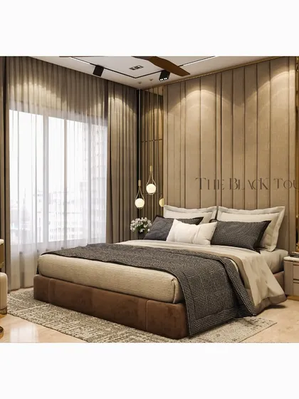 This render focuses on the bed and window area, showing how the soft curtains and warm lighting create a comfortable and inviting ambiance. The design is a perfect blend of modern luxury and timeless comfort.